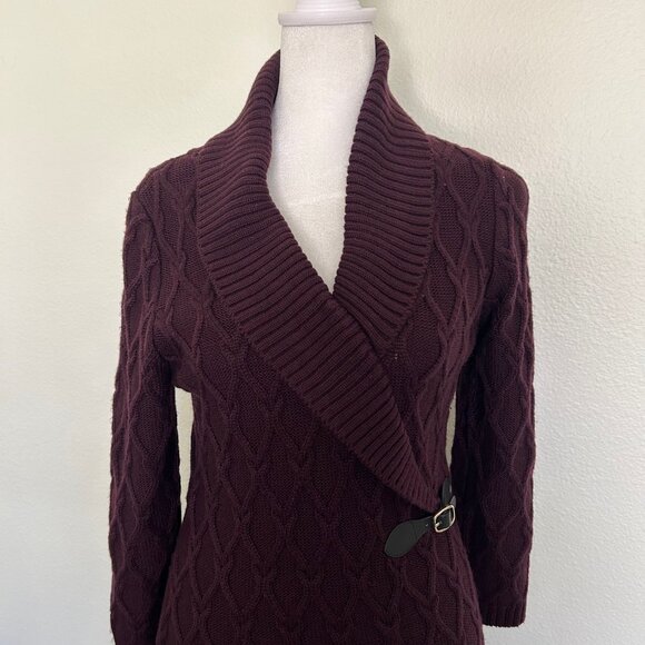 Ellen Tracy Purple Cable Knit Sweater Dress Shawl Collar Buckle Detail SZ PM - Picture 4 of 9